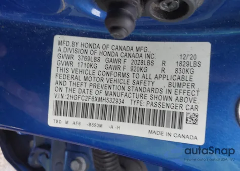 2021 Honda Civic Lx из США, поврежденный, VIN 2HGFC2F6XMH532934